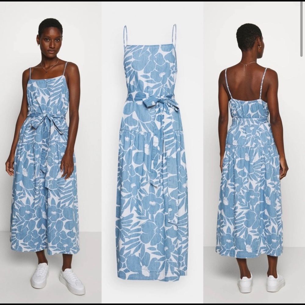 Apronneck Print Denim Maxi Dress GAP small